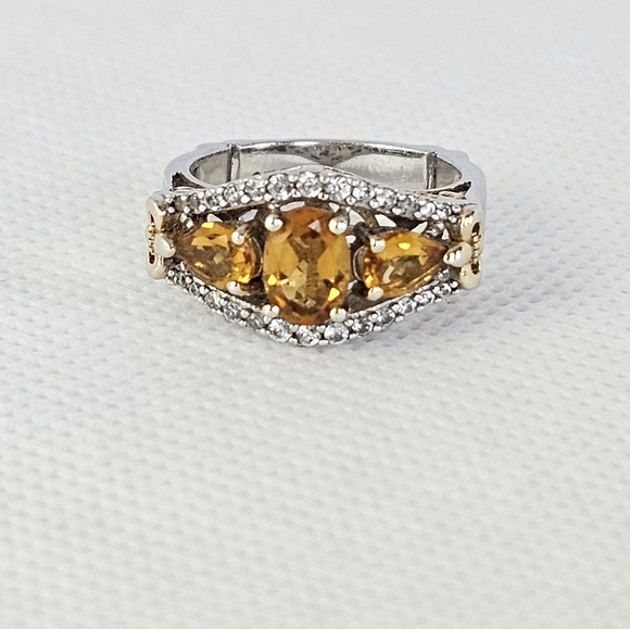 Genuine 🍋 Citrine & White Zircon Ring in 14k Yellow Gold & Sterling Silver Sz 6 - Picture 1 of 17